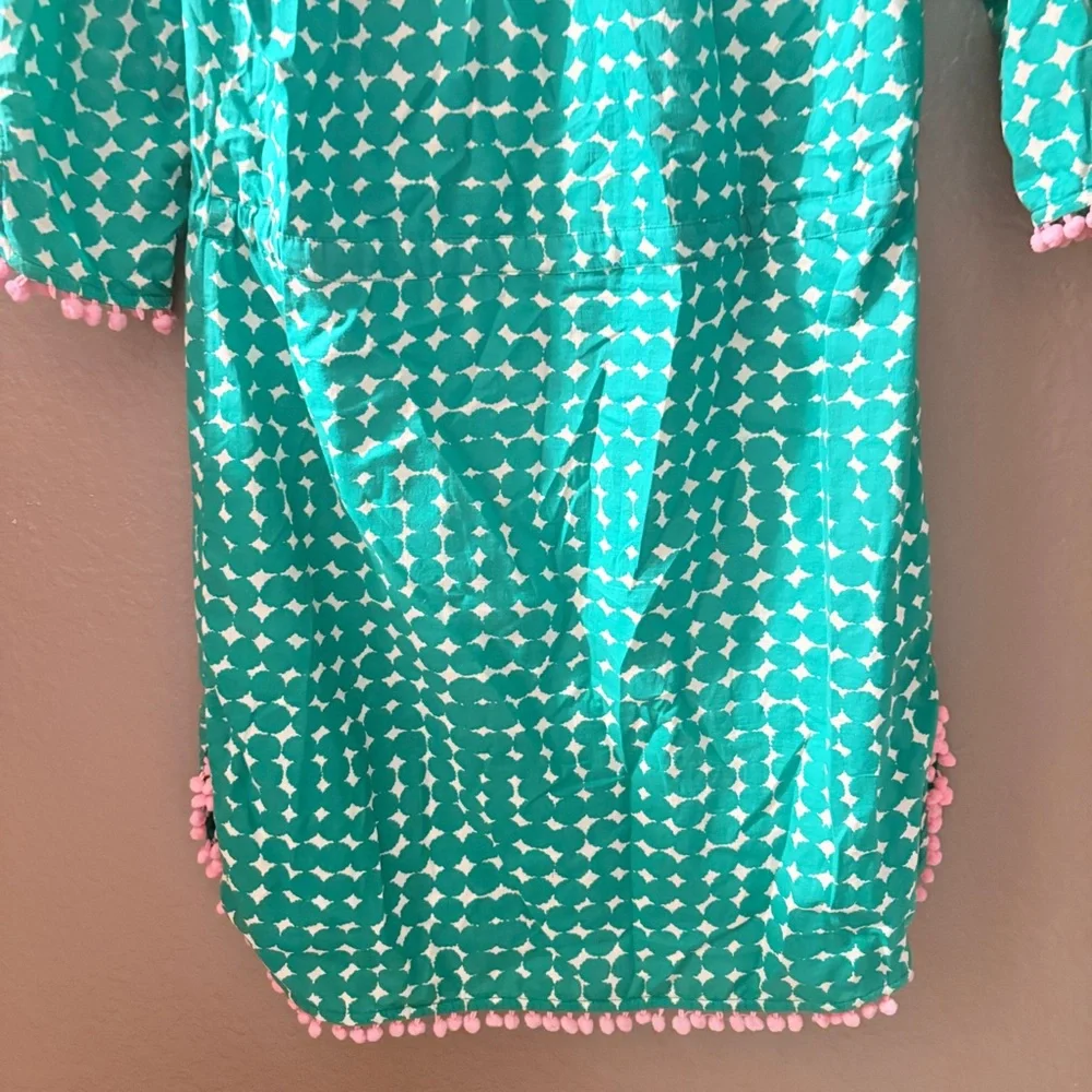 Boden Kelly Green & White Printed Tie-Waist 3/4 Sleeve Dress with Pink Pom Trim - Picture 8 of 13